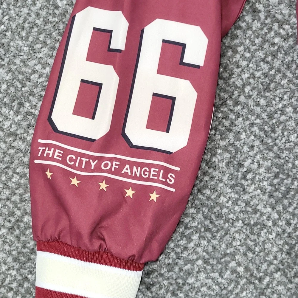 Romwe Los Angeles California Graphic Windbreaker Jacket Burgundy 66 Mens M NWT